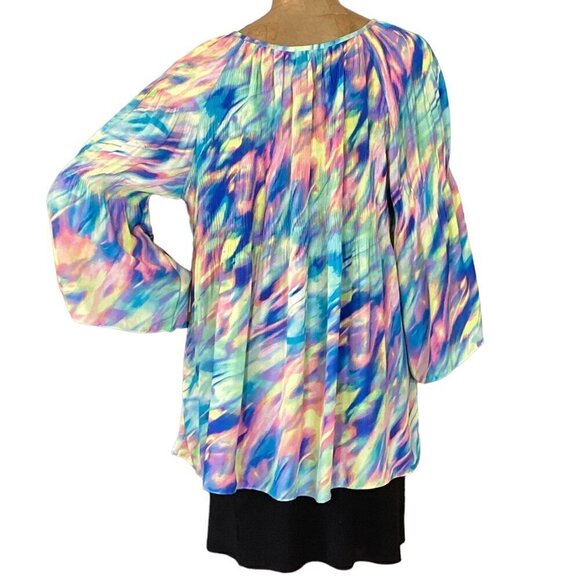 Spense Flowy Watercolor Swirls Tunic Top Bell Sleeve Keyhole Neck XL 288G - Picture 5 of 7